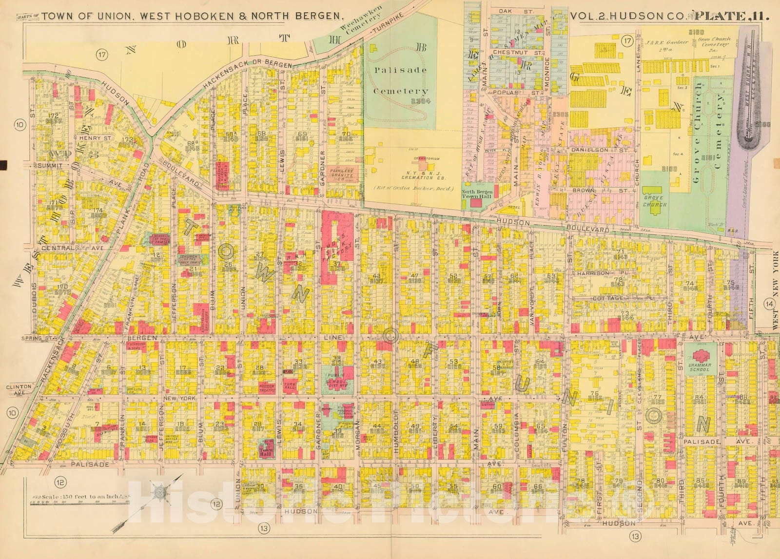 Historic Map : Atlas of Hudson County New Jersey, North Bergen & Union & West Hoboken 1909 Plate 011 , Vintage Wall Art