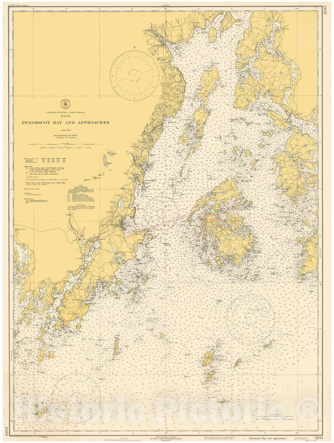 Historic Map : Coastal Charts - Maine: Penobscot Bay & Approaches 1941 , Vintage Wall Art