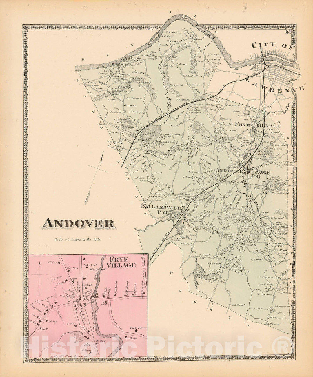 Historic Map : Atlas of Essex County Massachusetts, Andover 1872 , Vintage Wall Art