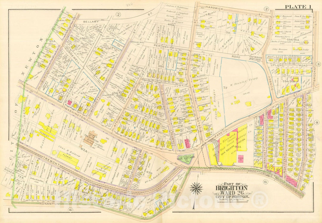 Historic Map : Atlas City of Boston, Wards 25 & 26 Brighton, Brighton 1916 Plate 001 , Vintage Wall Art