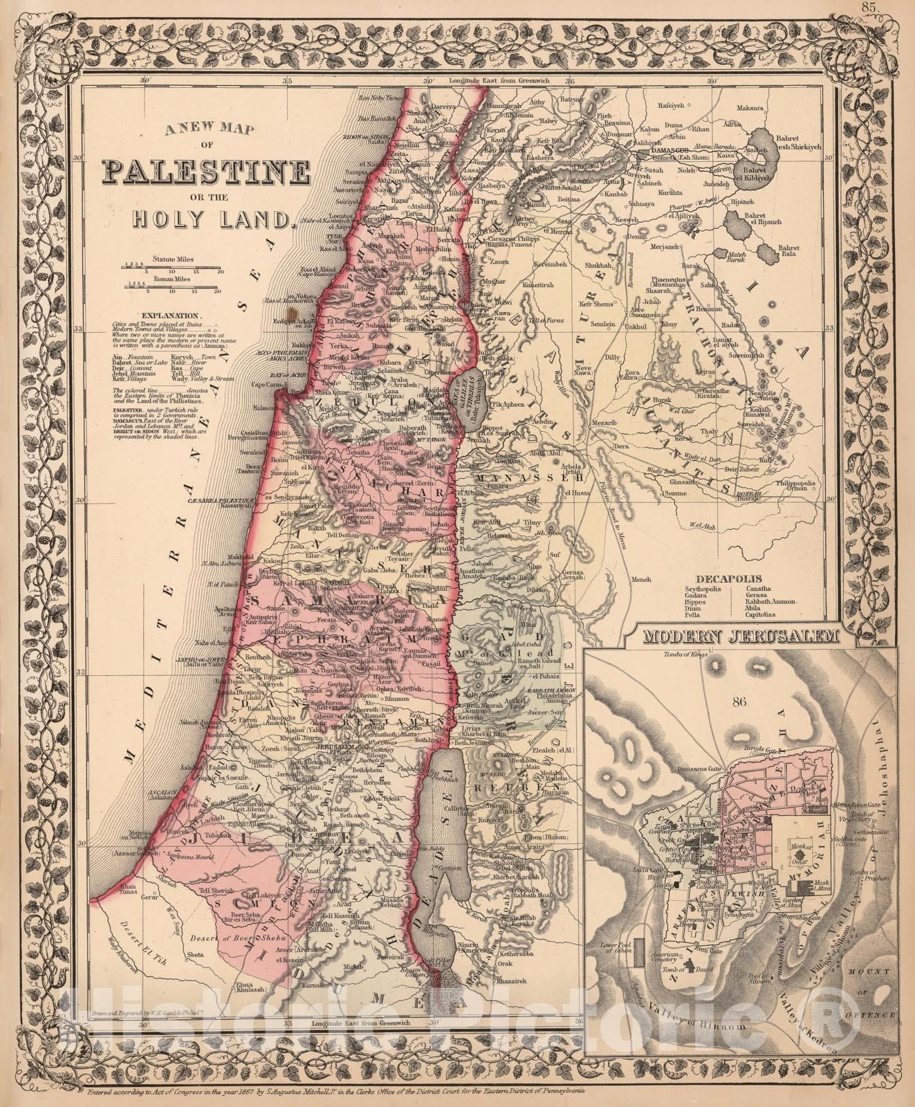 Historic Map : Israel & Jordan & Palestine 1867 , New General Atlas , Vintage Wall Art