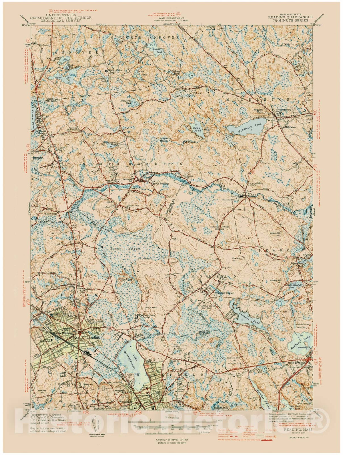 Historic Map : Lynnfield & North Reading & Peabody & Reading 1944 Topographic Map , Vintage Wall Art