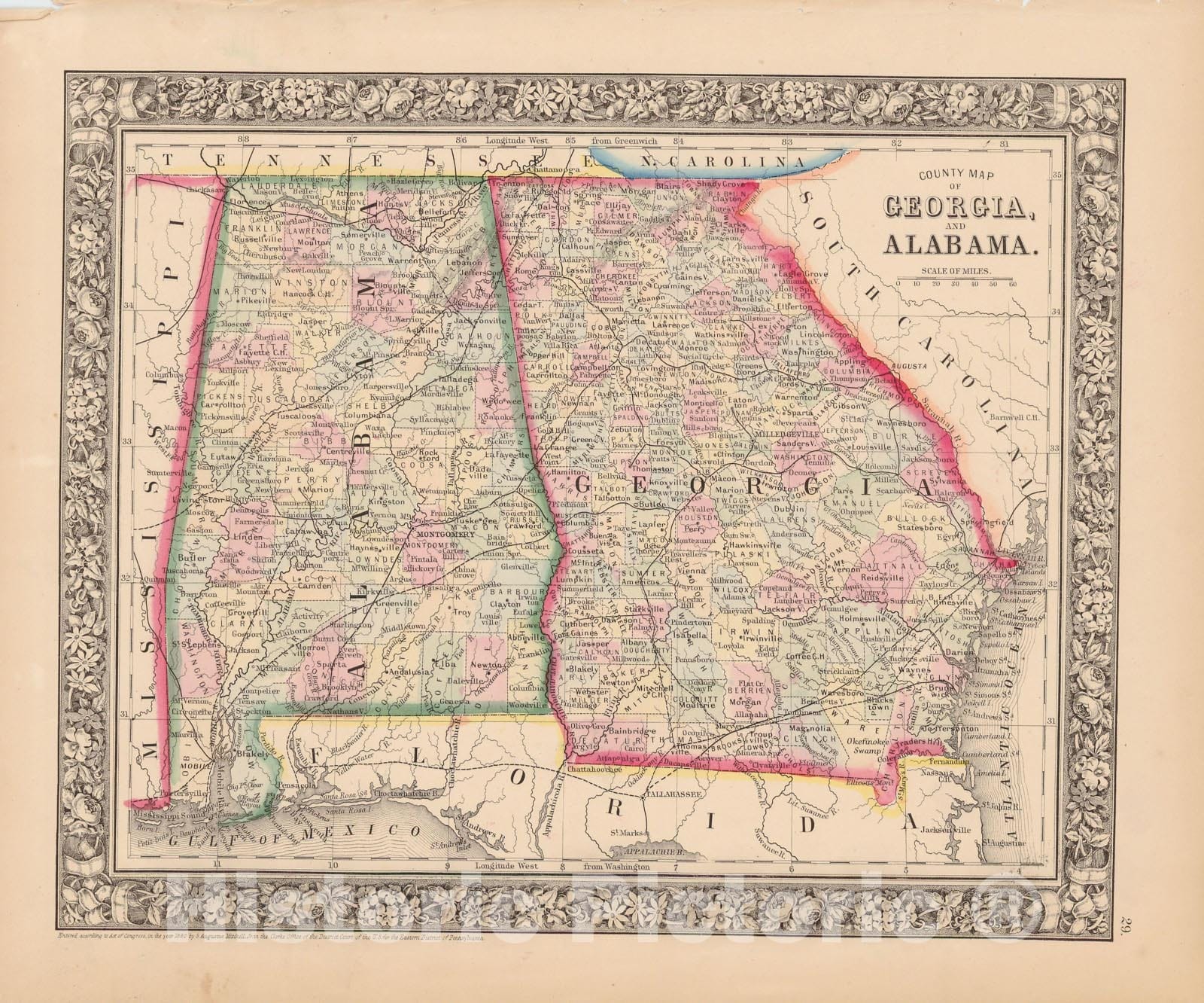 Historic Map : Alabama & Georgia 1864 , New General (World) Atlas , Vintage Wall Art
