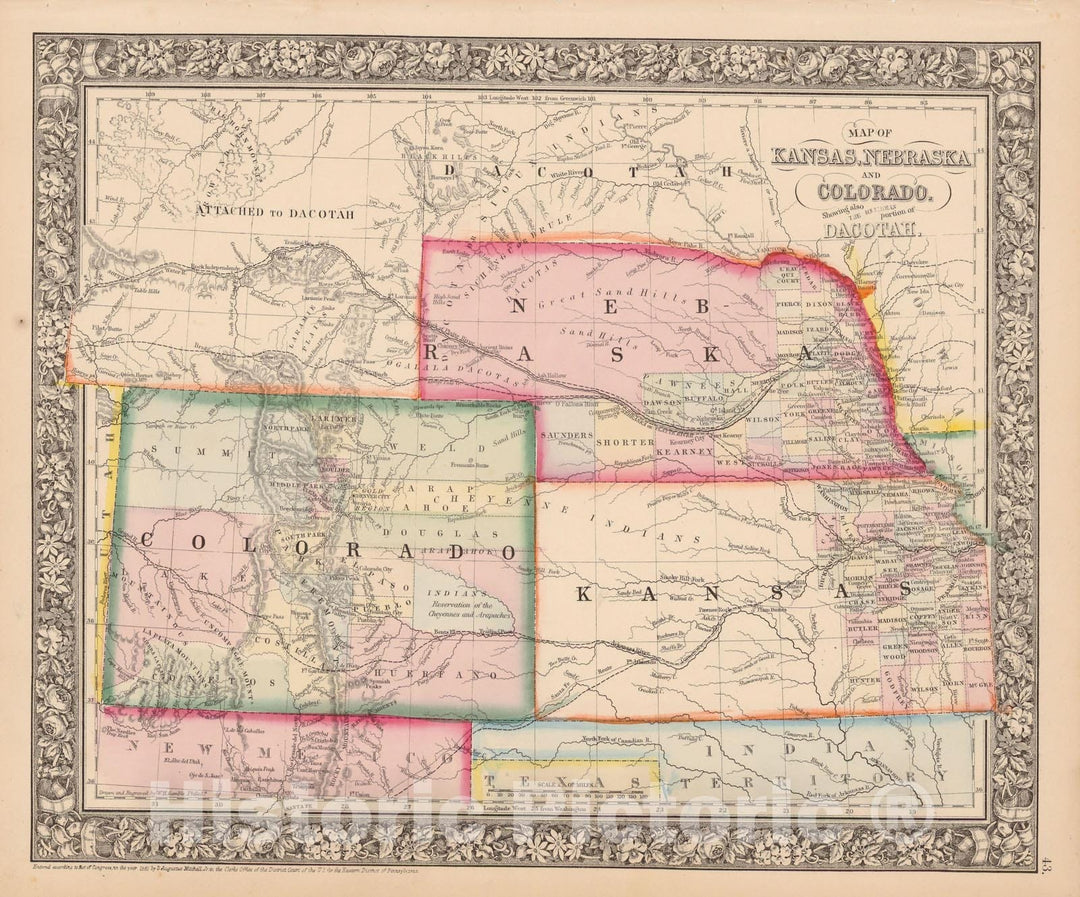 Historic Map : Colorado & Kansas & Nebraska 1864 , New General (World) Atlas , Vintage Wall Art