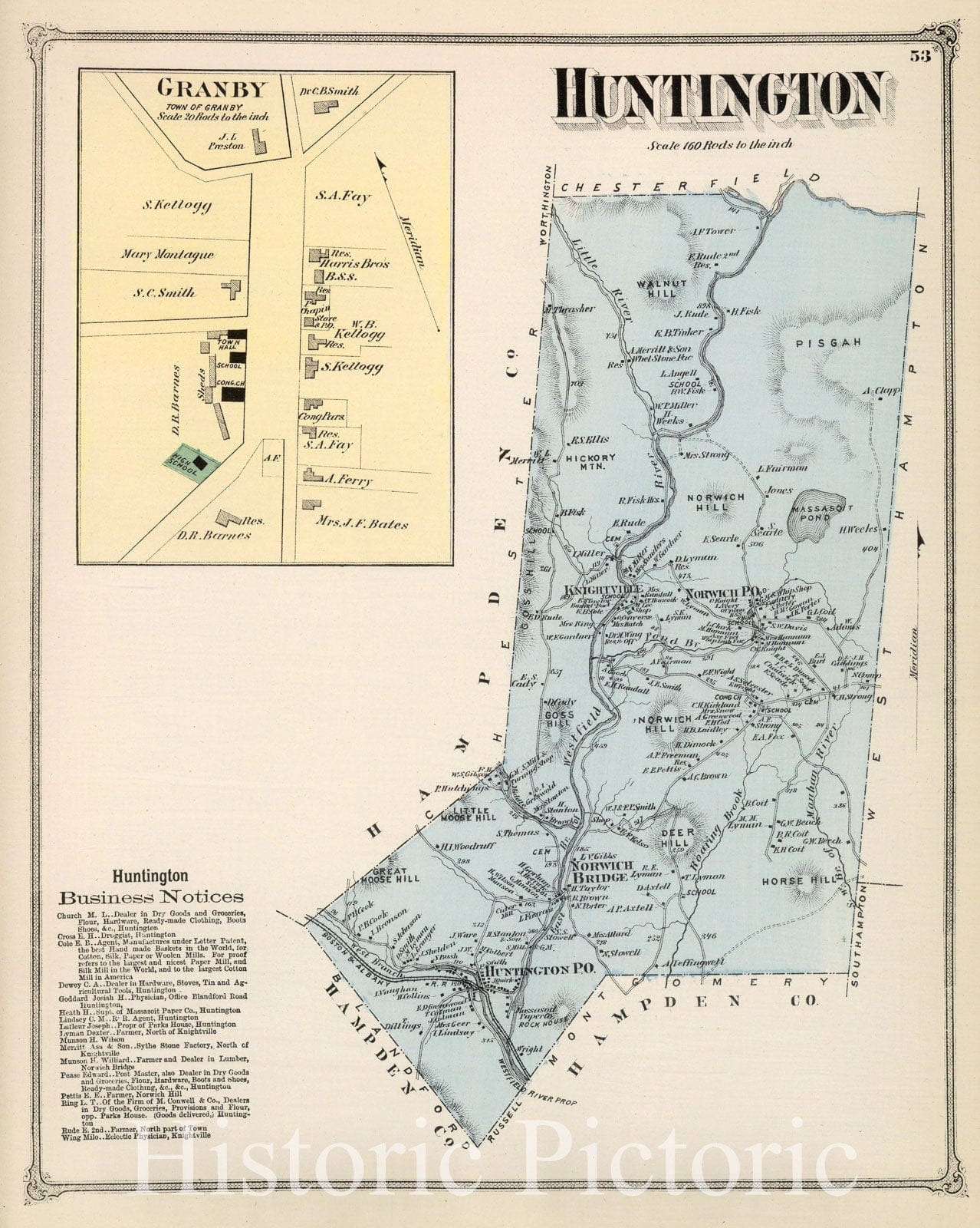 Historic Map : Atlas of Hampshire County Massachusetts, Granby & Huntington 1873 , Vintage Wall Art