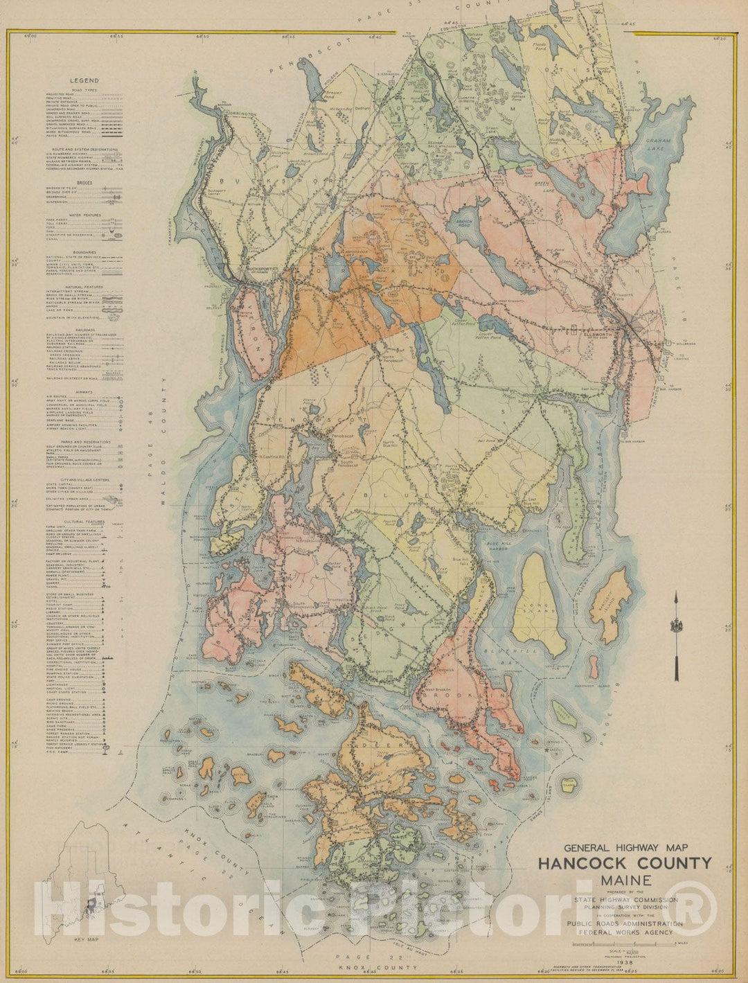 Historic Map : Maine General Highway County Maps, Hancock 1938 Plate 017 , Vintage Wall Art