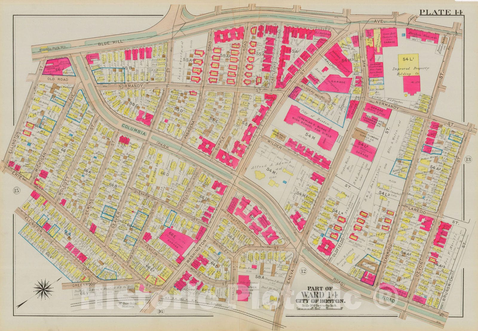 Historic Map : Atlas City of Boston, Dorchester, Dorchester 1933 Plate 014 , Vintage Wall Art