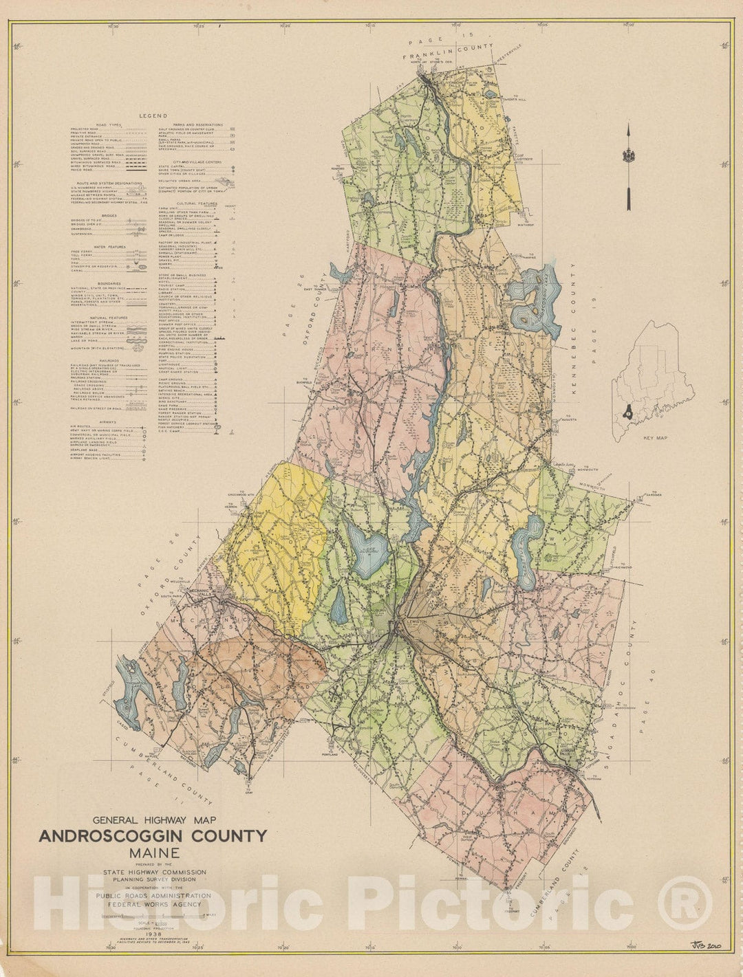 Historic Map : Maine General Highway County Maps, Androscoggin 1938 Plate 001 , Vintage Wall Art