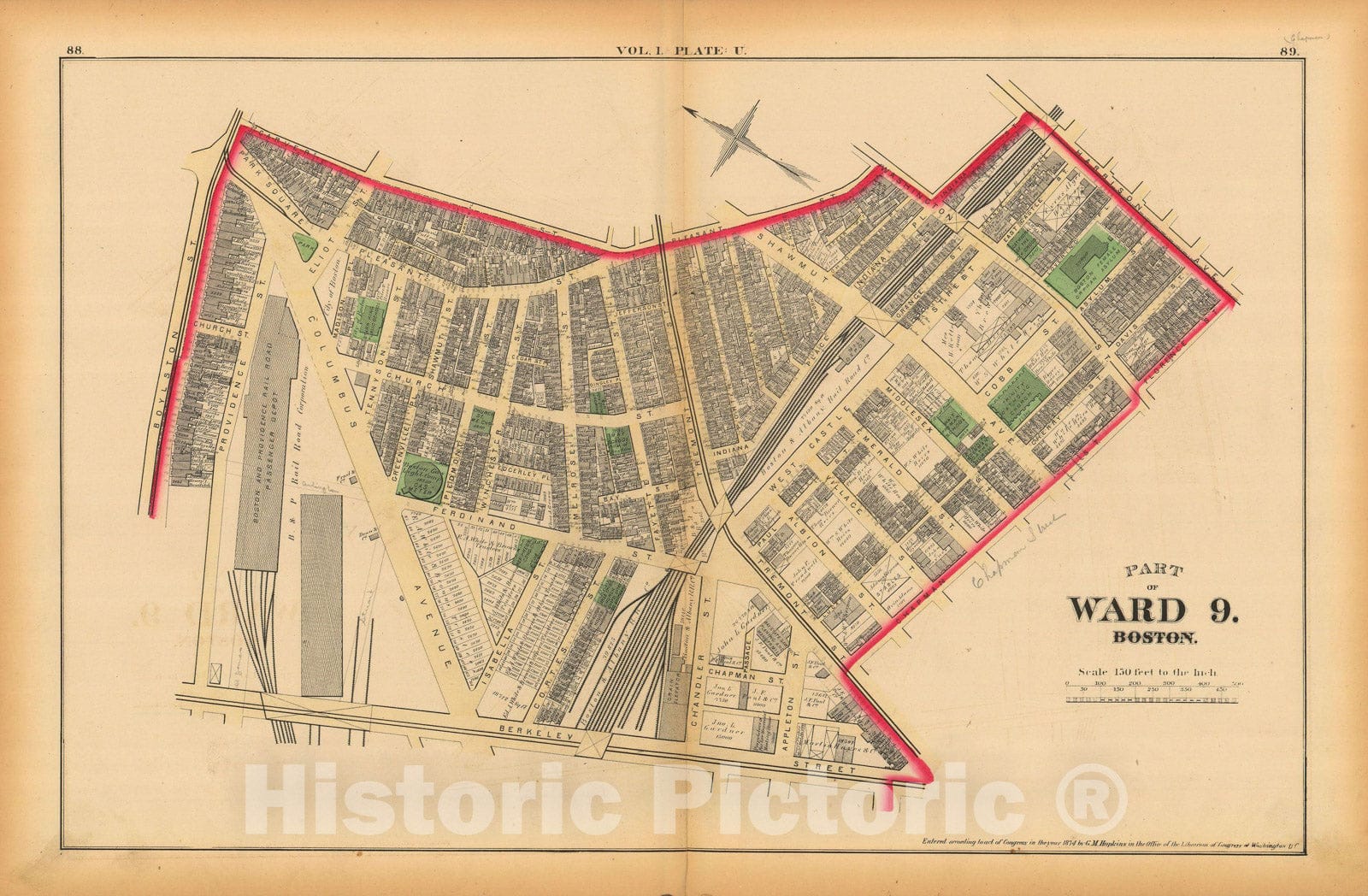 Historic Map : Atlas of County of Suffolk, MA Vol. 1 including Boston Proper, Boston 1874 Plate U , Vintage Wall Art