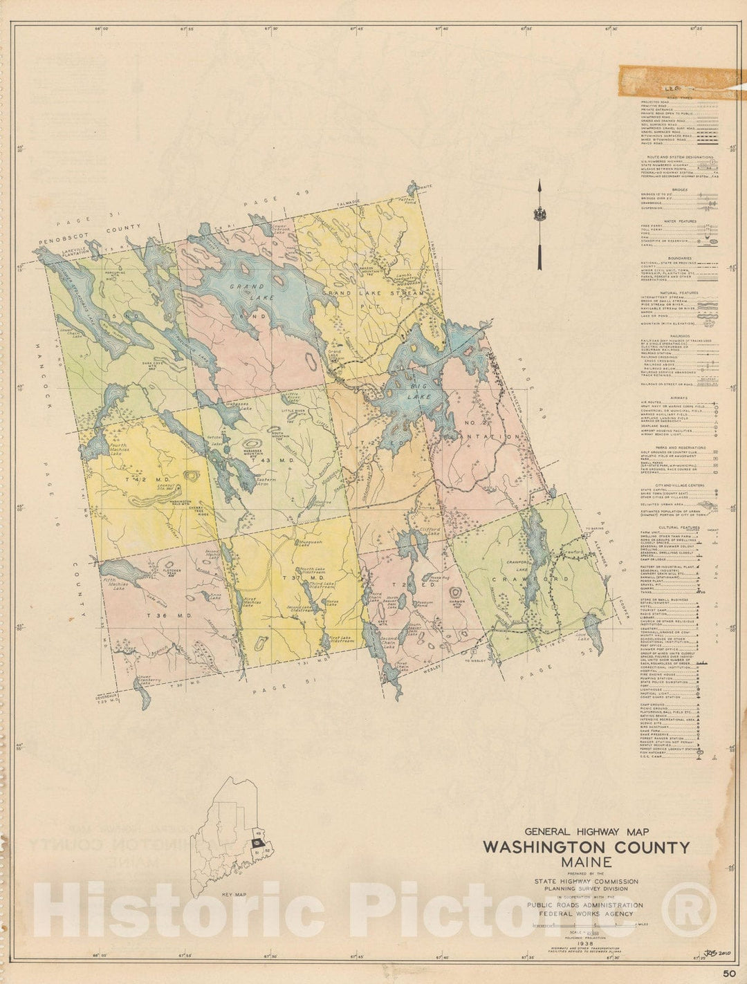 Historic Map : Maine General Highway County Maps, Washington 1938 Plate 050 , Vintage Wall Art