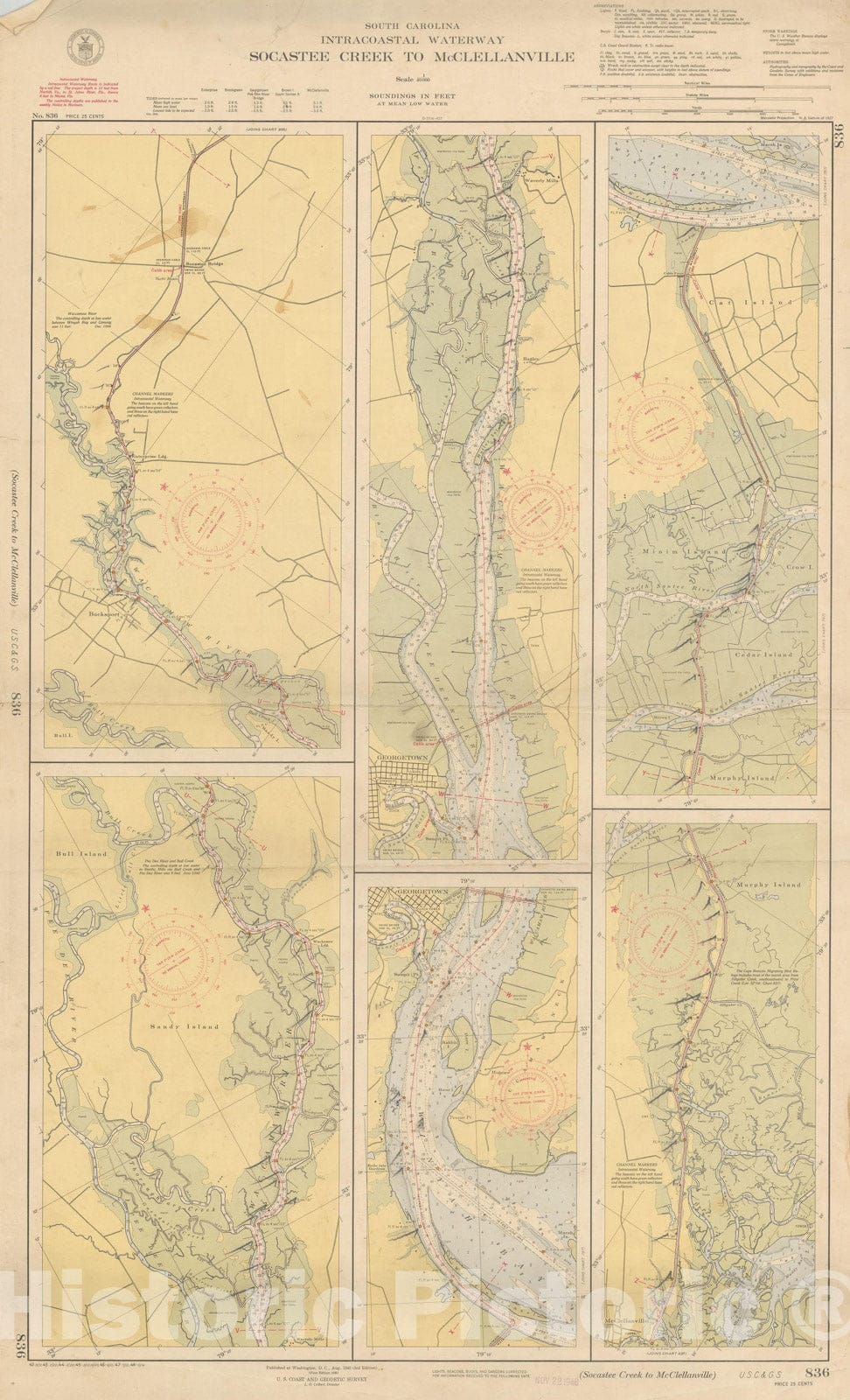Historic Map : Coastal Charts - SC Intracoastal: Socastee Creek to McClellanville 1948 , Vintage Wall Art