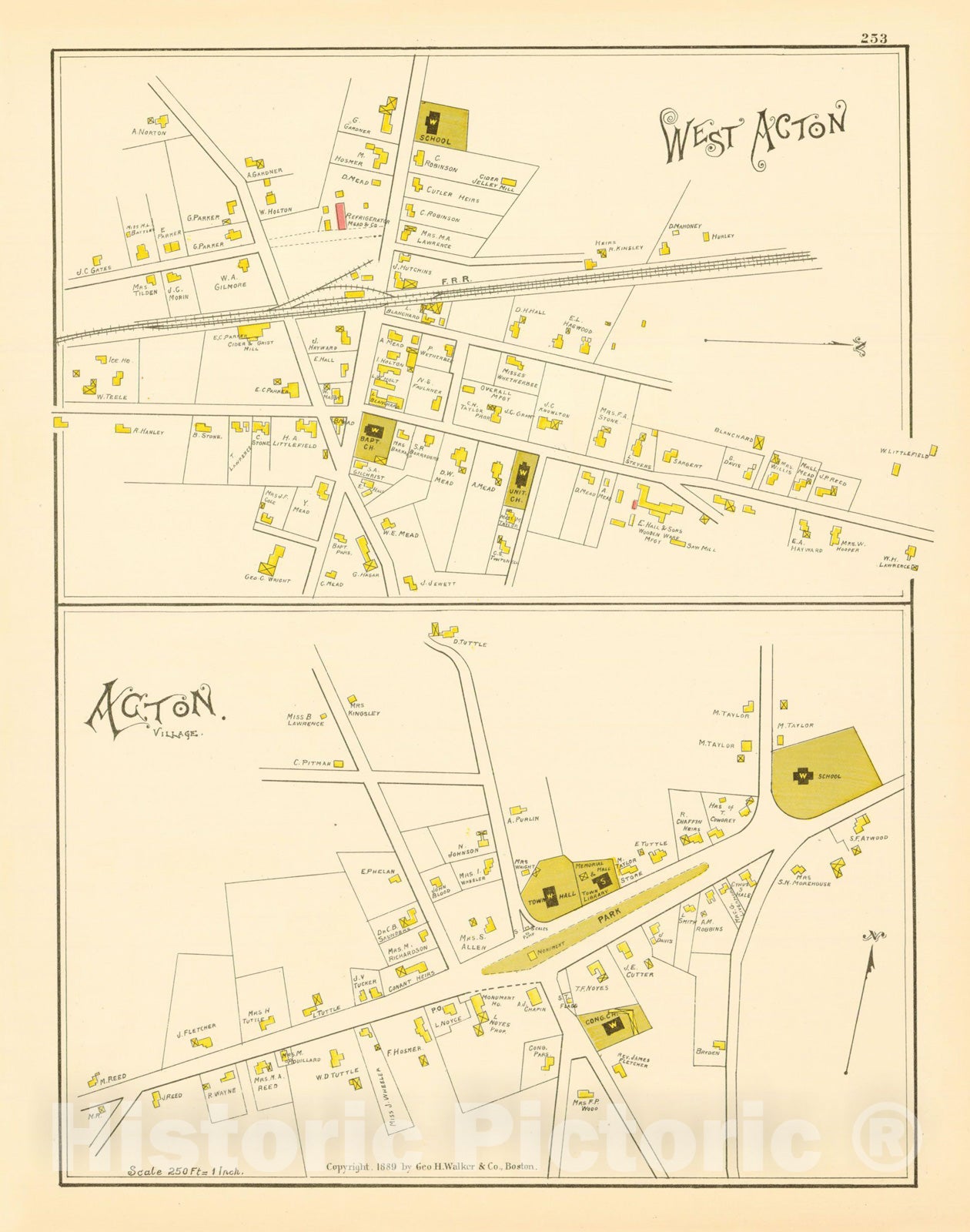 Historic Map : Atlas of Middlesex County, Massachusetts, Acton & West Acton 1889 , Vintage Wall Art