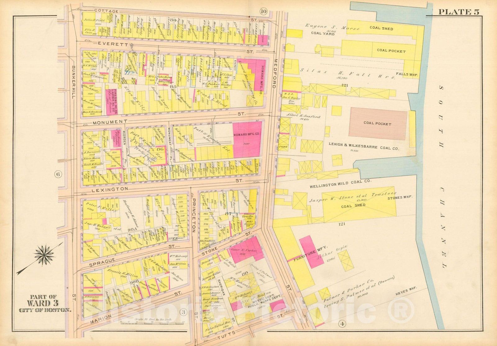 Historic Map : Atlas City of Boston: Charlestown and East Boston, Charlestown 1912 Plate 005 , Vintage Wall Art