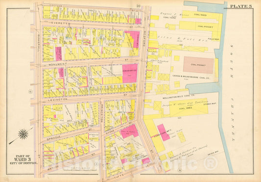 Historic Map : Atlas City of Boston: Charlestown and East Boston, Charlestown 1912 Plate 005 , Vintage Wall Art