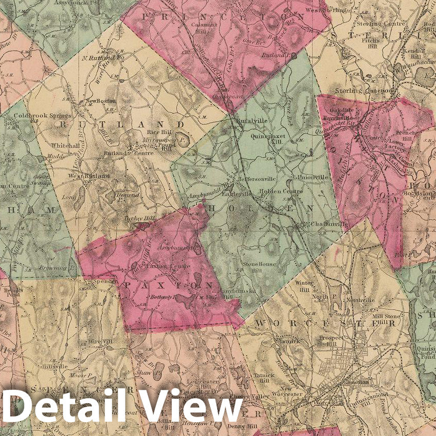 Historic Map : Official Topographical Atlas of Massachusetts, Worcester 1871 , v2, Vintage Wall Art