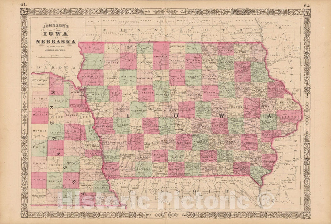 Historic Map : Iowa & Nebraska 1865 , Johnson's Family Atlas , Vintage Wall Art