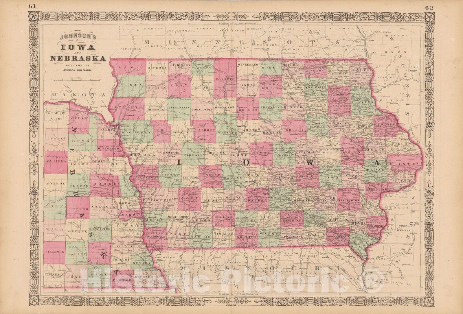 Historic Map : Iowa & Nebraska 1865 , Johnson's Family Atlas , Vintage Wall Art