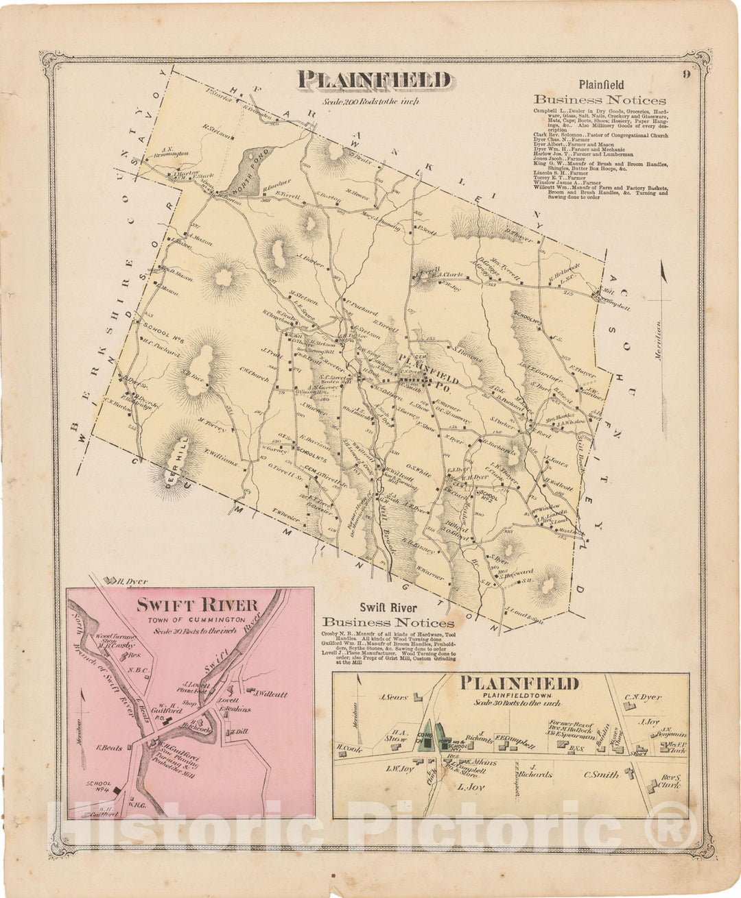 Historic Map : Atlas of Hampshire County Massachusetts, Plainfield 1873 , Vintage Wall Art