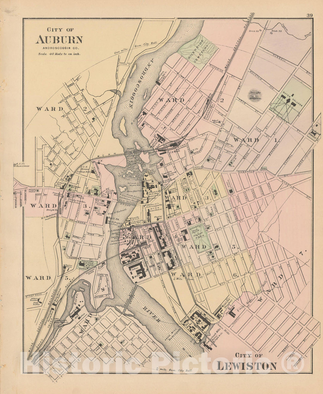 Historic Map : Atlas of Maine, Auburn & Lewiston 1885 , Vintage Wall Art