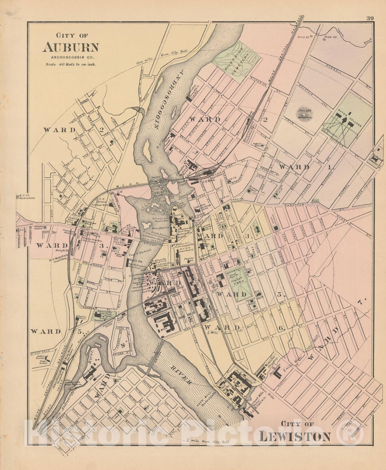 Historic Map : Atlas of Maine, Auburn & Lewiston 1885 , Vintage Wall Art