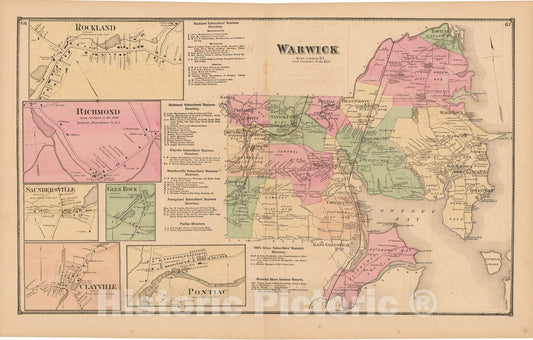 Historic Map : Atlas State of Rhode Island, Clayville & Rockland & Warwick 1870 , Vintage Wall Art