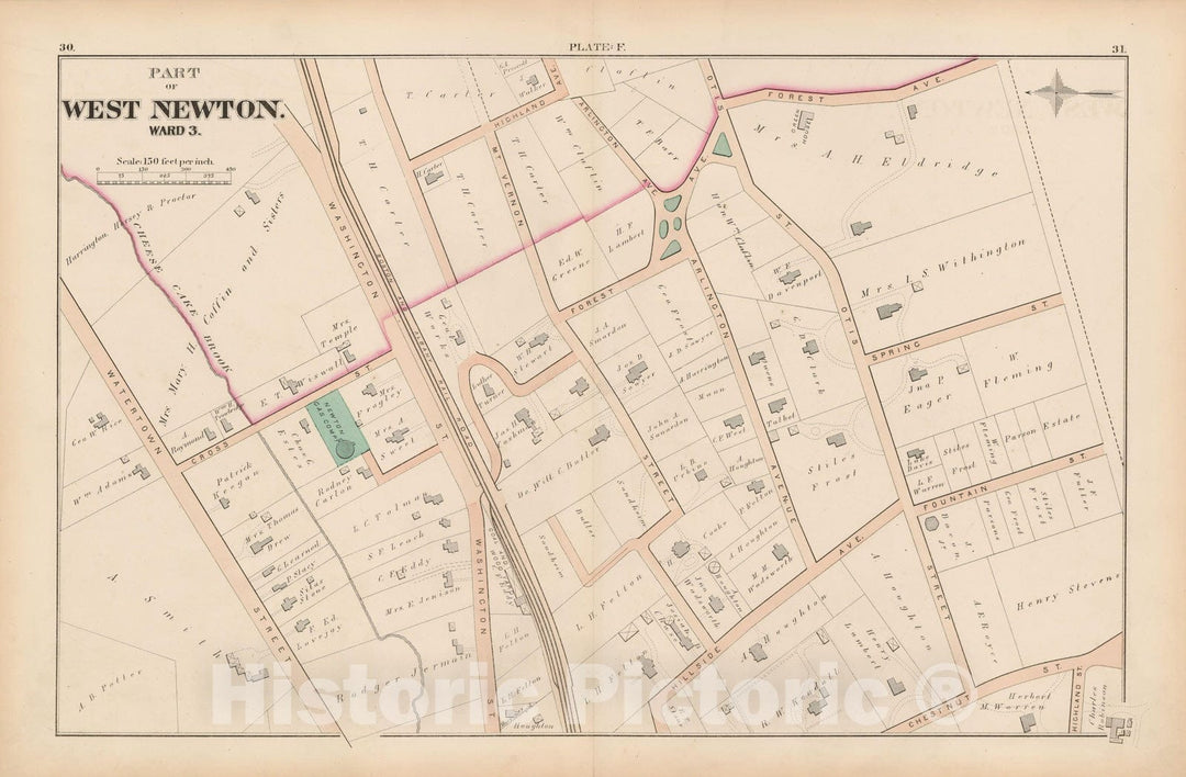 Historic Map : City of Newton, Middlesex County, Newton 1874 Plate F , Vintage Wall Art