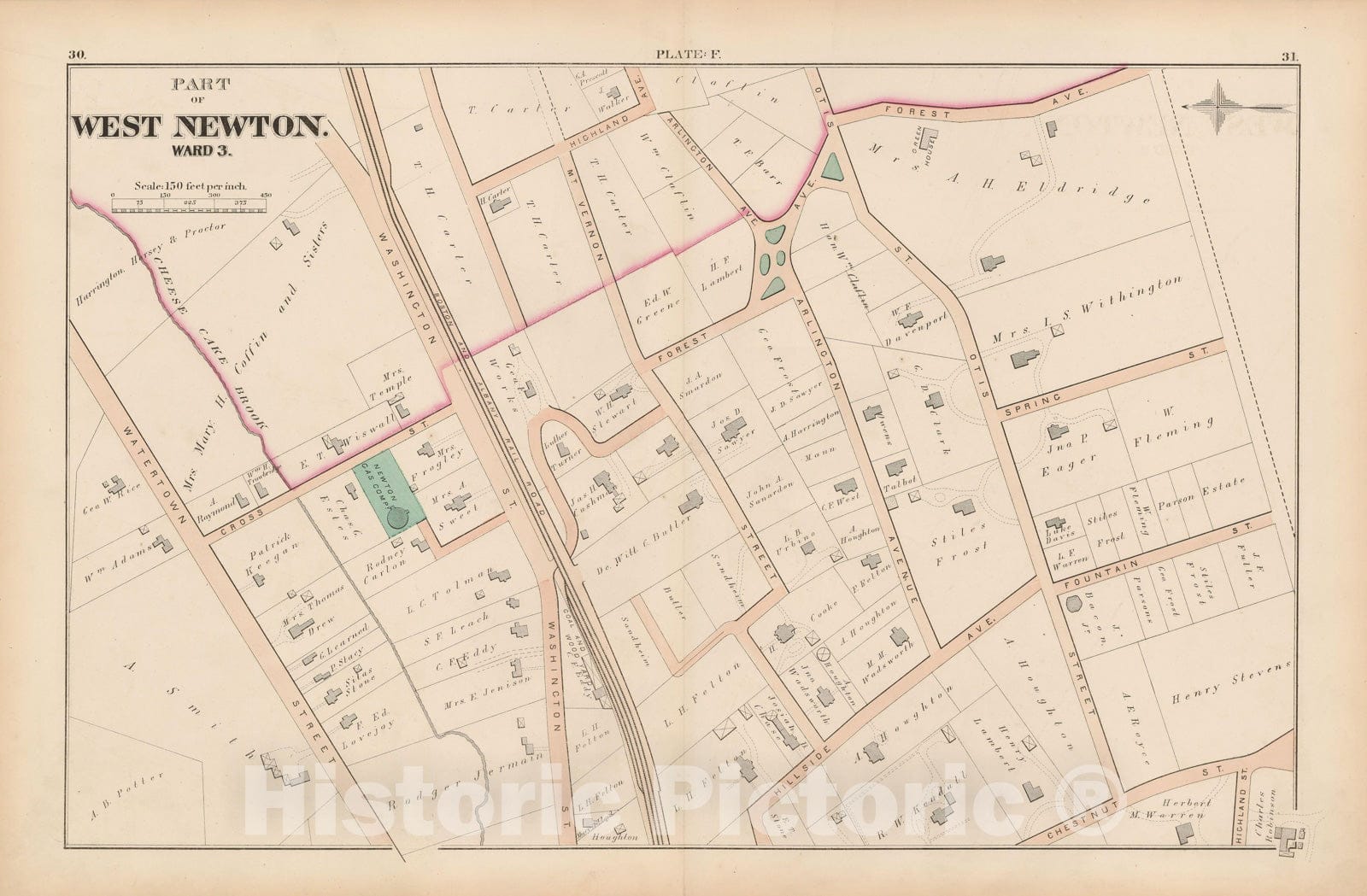 Historic Map : City of Newton, Middlesex County, Newton 1874 Plate F , Vintage Wall Art