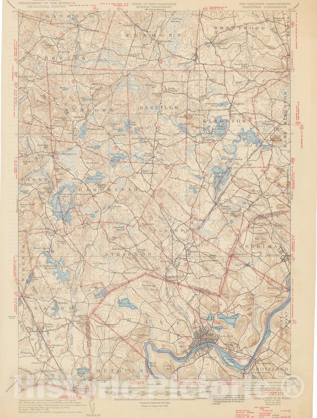 Historic Map : USGS 7.5 Minute Sheets and Quadrangles, Atkinson & Hampstead & Haverhill & Plaistow & Salem 1947 Topographic Map , Vintage Wall Art