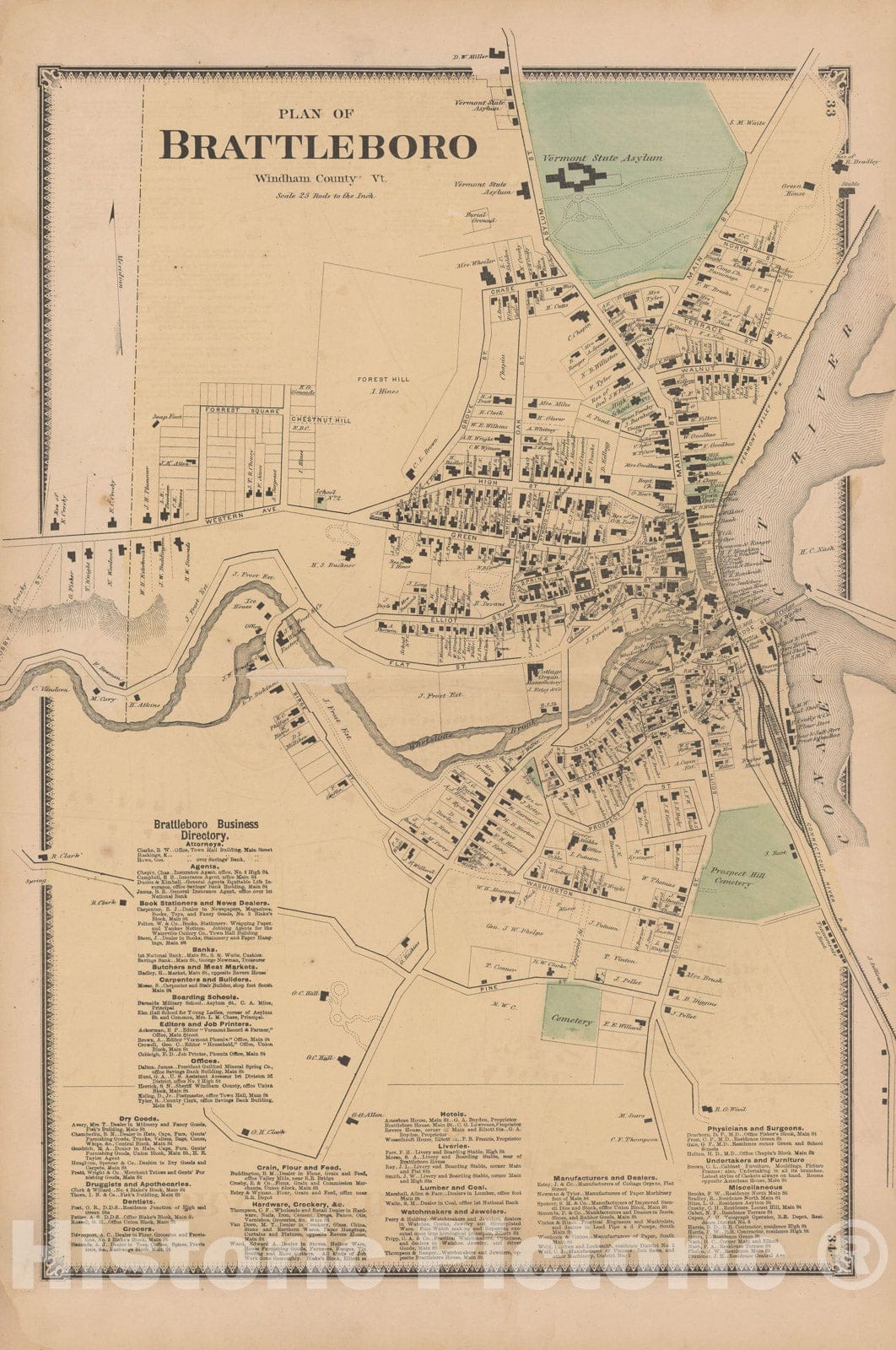 Historic Map : Atlas of Windham County, VT, Brattleboro 1869 , Vintage Wall Art