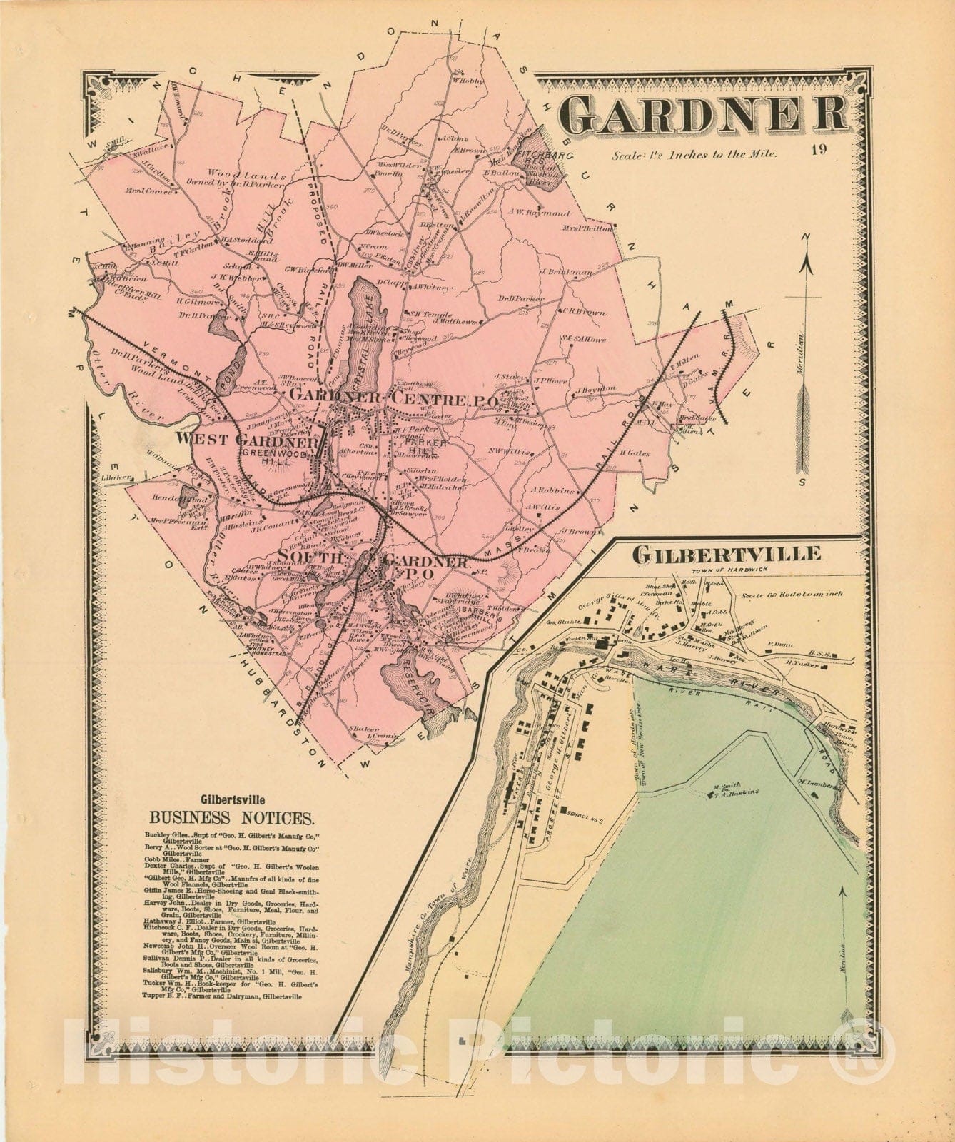 Historic Map : Atlas of Worcester County, Massachsuetts, Gardner 1870 , Vintage Wall Art