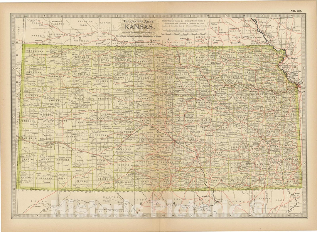 Historic Map : Kansas 1914 , Century Atlas of the World, Vintage Wall Art