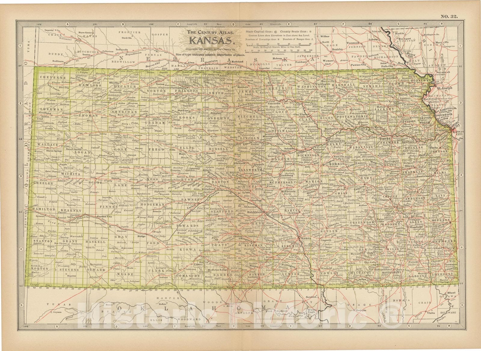 Historic Map : Kansas 1914 , Century Atlas of the World, Vintage Wall Art