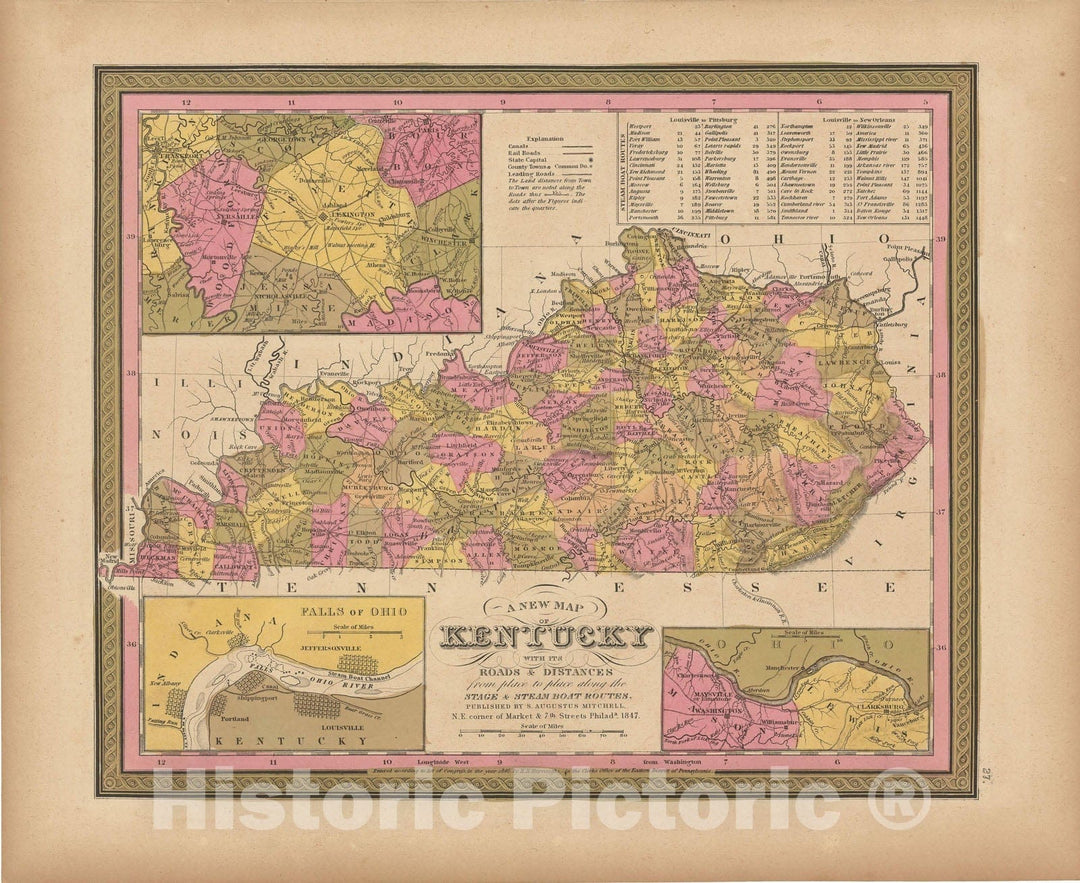 Historic Map : Kentucky 1847 , A New Universal Atlas of the World , Vintage Wall Art