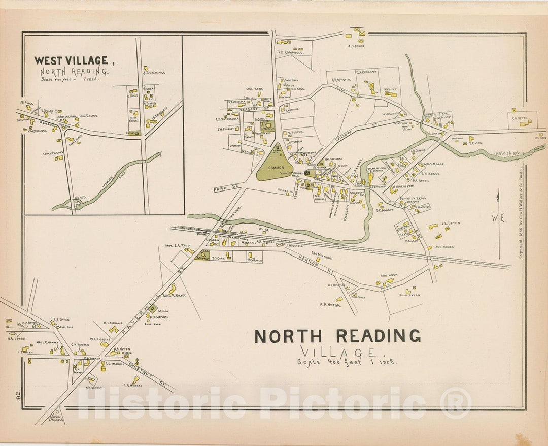 Historic Map : Atlas of Middlesex County, Massachusetts, North Reading & Reading 1889 , Vintage Wall Art