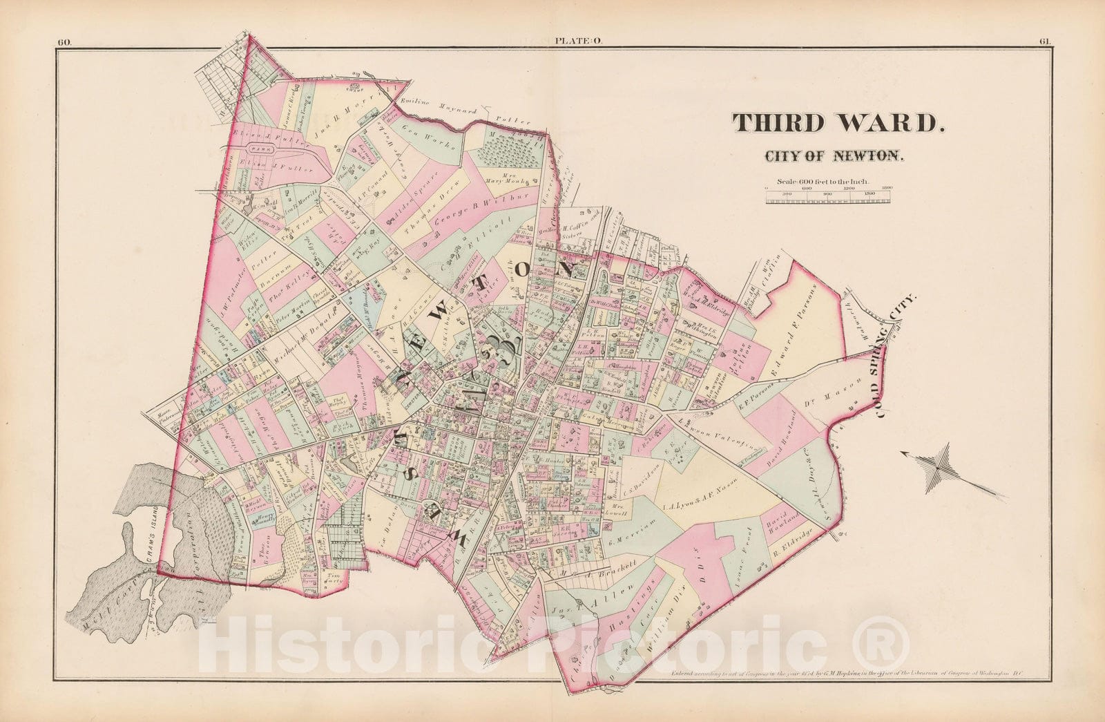 Historic Map : City of Newton, Middlesex County, Newton 1874 Plate O , Vintage Wall Art