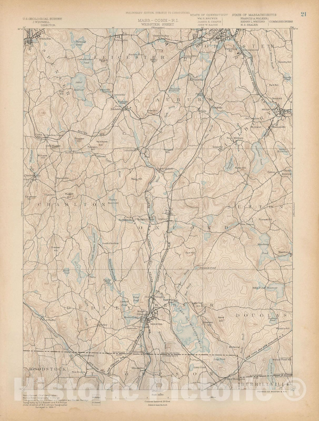 Historic Map : Atlas of Massachusetts, Charlton & Dudley & Oxford & Webster 1890 Page 21 Topographic Map , Vintage Wall Art