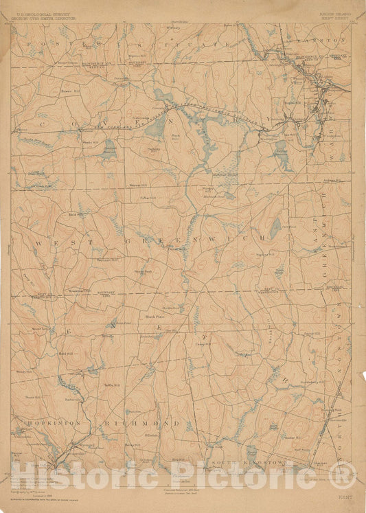 Historic Map : USGS 7.5 Minute Sheets and Quadrangles, Coventry & Crompton & Exeter & Phenix & West Greenwich 1907 Topographic Map , Vintage Wall Art