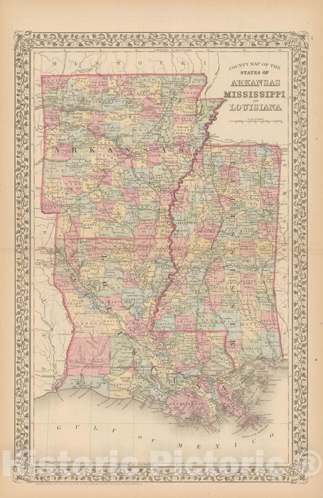 Historic Map : Arkansas & Louisiana & Mississippi 1882 , Mitchell's New General Atlas , Vintage Wall Art