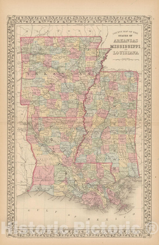 Historic Map : Arkansas & Louisiana & Mississippi 1882 , Mitchell's New General Atlas , Vintage Wall Art