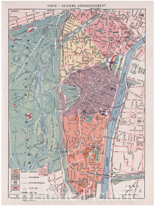 Historic Map : Europe, Paris 1900 16th Arrondissement , Vintage Wall Art