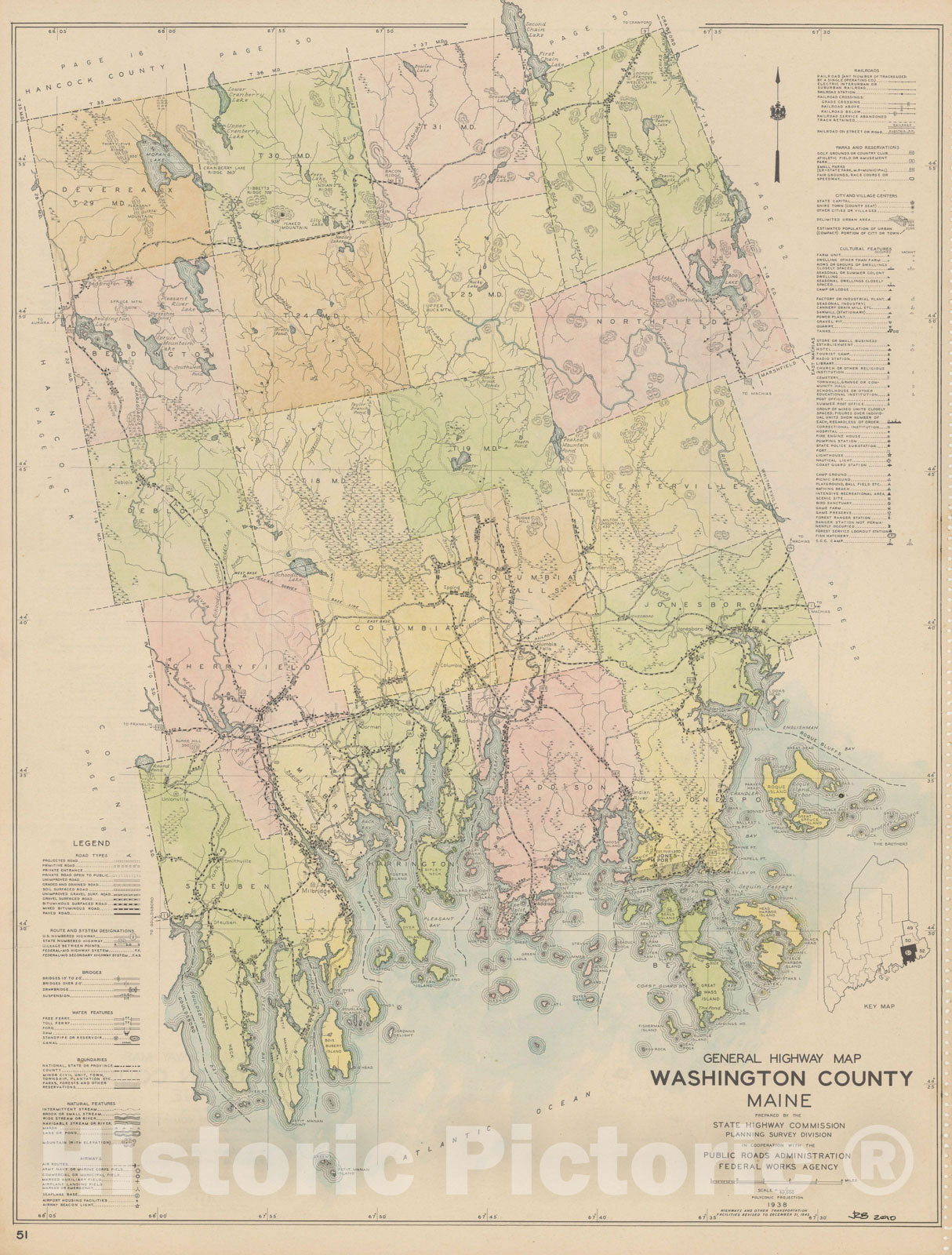 Historic Map : Maine General Highway County Maps, Washington 1938 Plate 051 , Vintage Wall Art