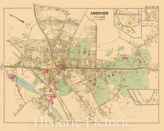 Historic Map : Atlas City of Lawrence and the Towns of Methuen, Andover and North Andover, Andover 1906 Plate 024 , Vintage Wall Art