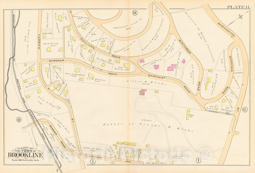 Historic Map : Atlas Town of Brookline, Brookline 1888 Plate H , Vintage Wall Art