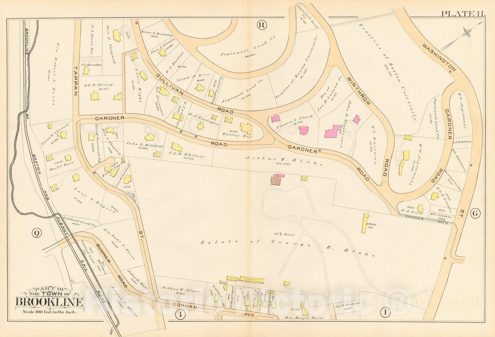 Historic Map : Atlas Town of Brookline, Brookline 1888 Plate H , Vintage Wall Art