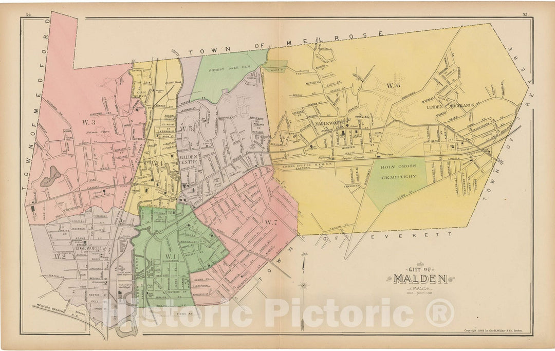 Historic Map : Atlas of Middlesex County, Massachusetts, Malden 1889 , Vintage Wall Art