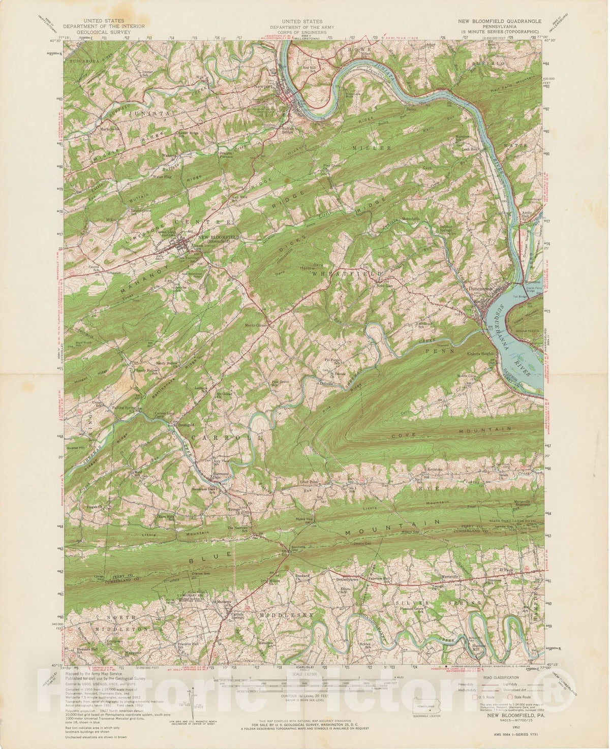 Historic Map : USGS 7.5 Minute Sheets and Quadrangles, Duncannon & New Bloomfield & Newport 1952 Topographic Map , Vintage Wall Art