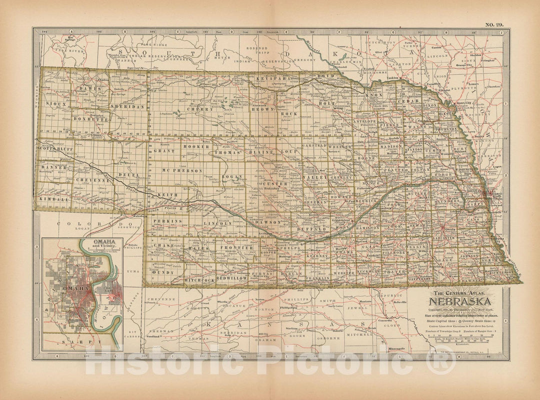Historic Map : Nebraska 1897 , The Century Atlas World , Vintage Wall Art