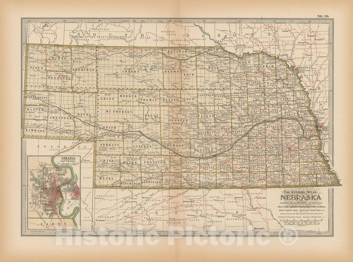 Historic Map : Nebraska 1897 , The Century Atlas World , Vintage Wall Art