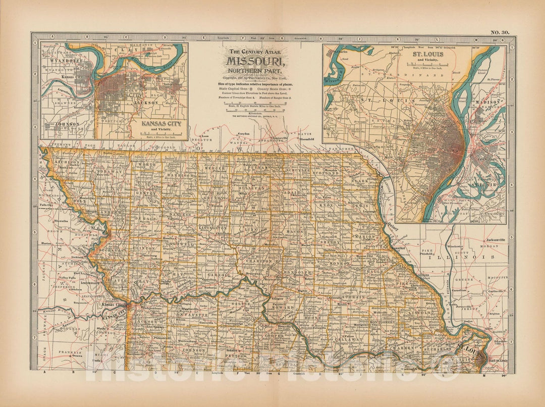 Historic Map : Missouri 1897 , The Century Atlas World , Vintage Wall Art