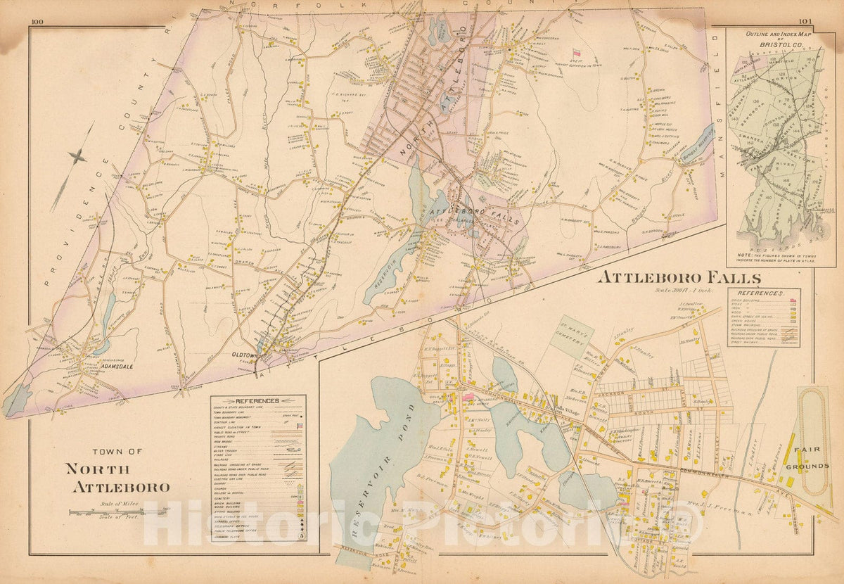 Historic Map : New Topographical Atlas of Surveys Bristol County Massachusetts, Attleboro & North Attleborough 1895 , Vintage Wall Art